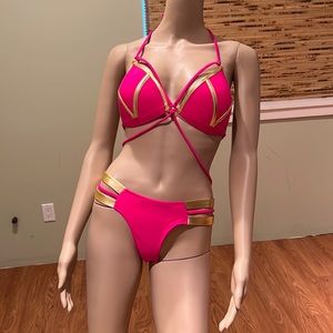 Boutique Swimsuit Bikini In Hot Pink And Metallic Gold Halter Top Size L